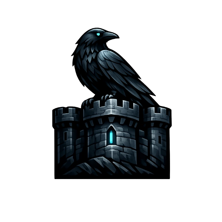 The Hollovar Labs mark: a raven perched on a castle keep, with a single lit window slit in the central tower.