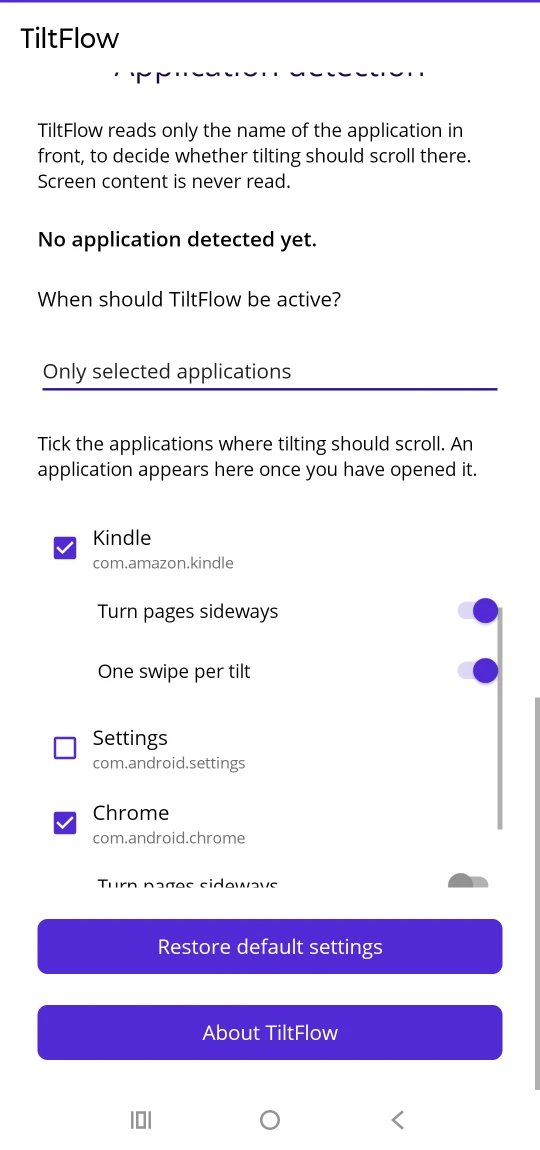 The application list, set to Only selected applications, with Kindle ticked and its Turn pages sideways and One swipe per tilt switches both on, Settings unticked, and Chrome ticked.