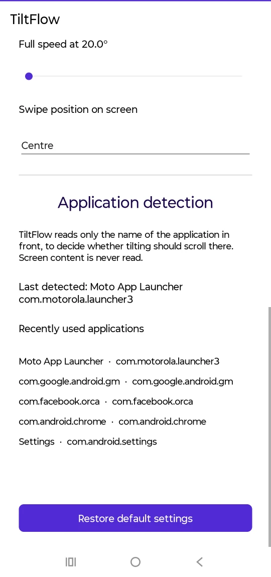 The application detection panel, stating that TiltFlow reads only the name of the application in front to decide whether tilting should scroll there, and that screen content is never read, above a list of recently used applications.