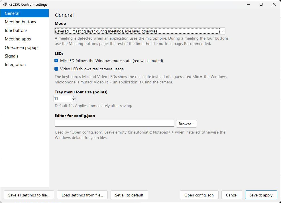 The settings window, General page: the mode selector set to Layered, two LED options, the tray menu font size and the editor used for config.json, each with an explanation beneath.
