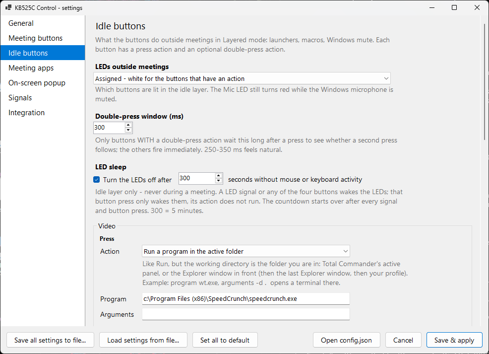 The Idle buttons page: which LEDs are lit outside meetings, the double-press window, the LED sleep after 300 seconds, and the Video button set to run SpeedCrunch in the active folder.