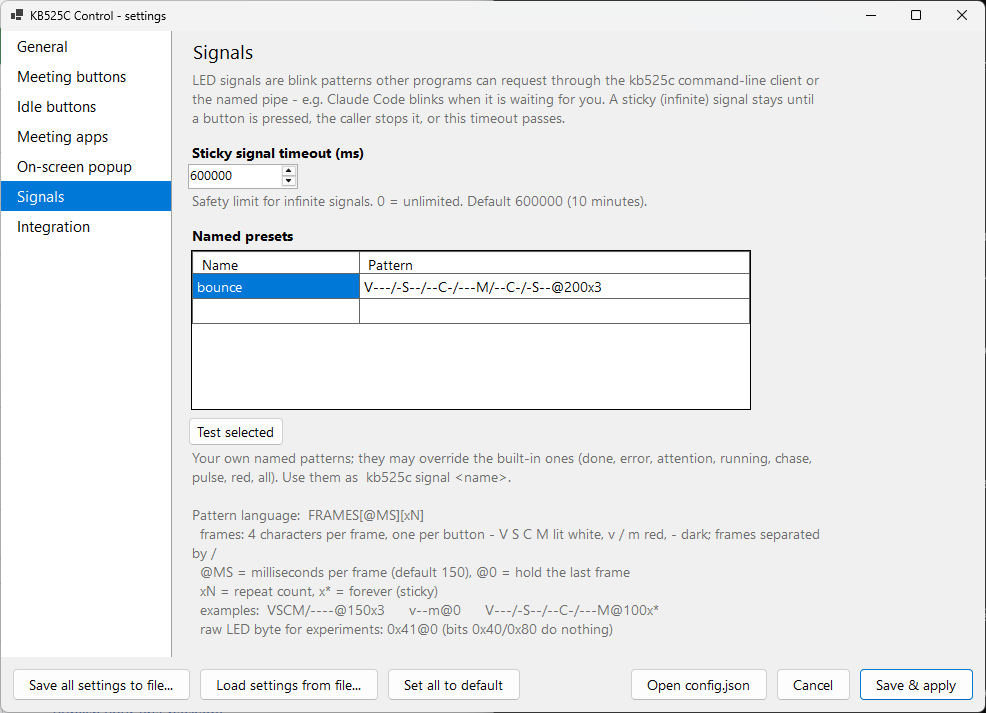 The Signals page: the sticky-signal timeout, a table of named presets containing the bounce pattern, a Test selected button, and the pattern language reference.