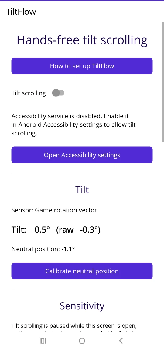 TiltFlow's main screen, showing the tilt scrolling switch, a note that the accessibility service is disabled, and a live tilt reading of 0.5 degrees against a neutral position of minus 1.1 degrees.